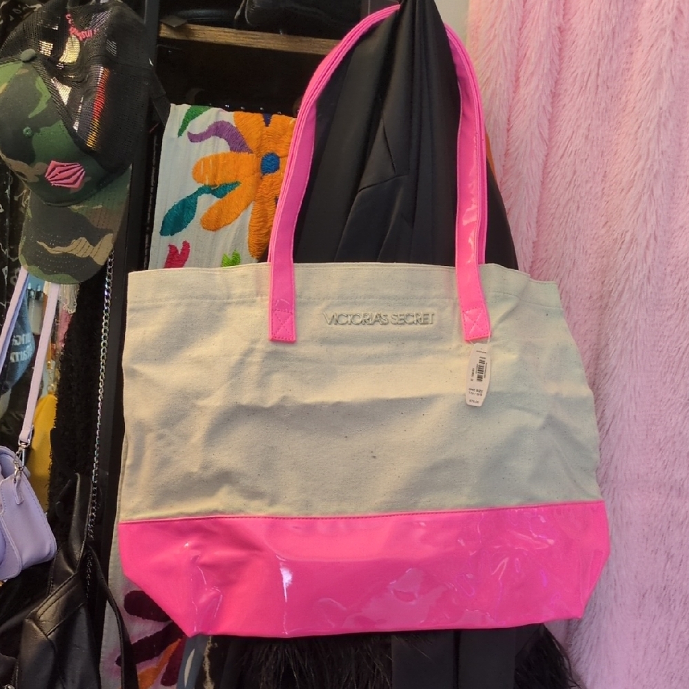 Victoria's Secret Vinyl+ Canvas Color Block Beach Tote